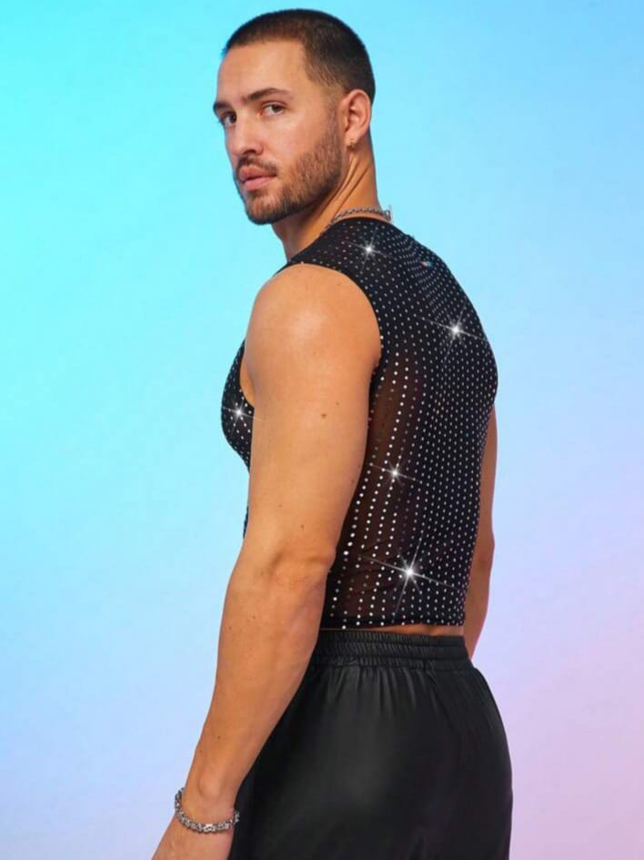 Uptown Funky Men's Fashionable Sexy Rhinestone Sequin See Through Mesh Tank Top